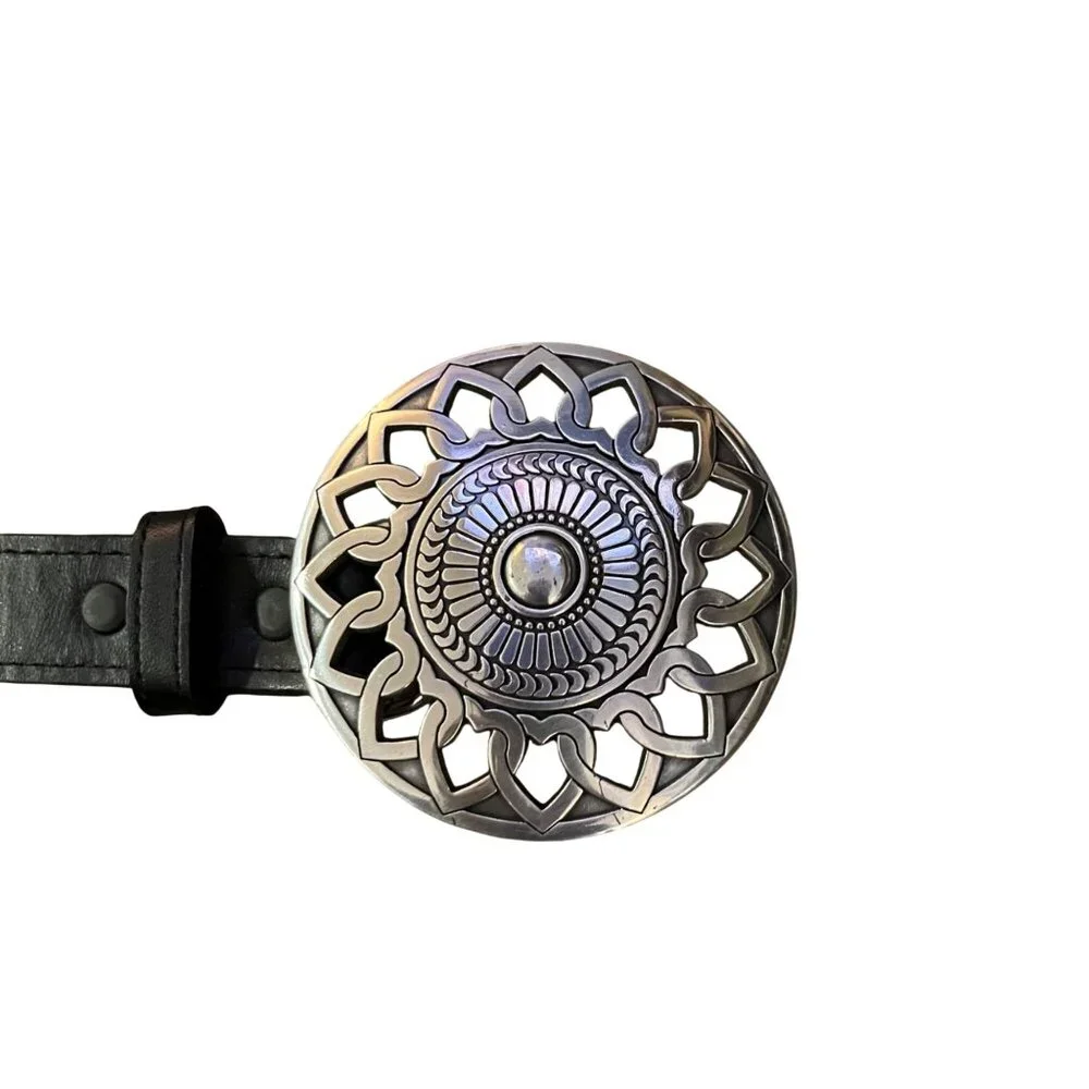 Black Faux Leather Concho Belt Womens 4/6? Boho Southwest Silver Tone Used Y2K - Picture 8 of 16